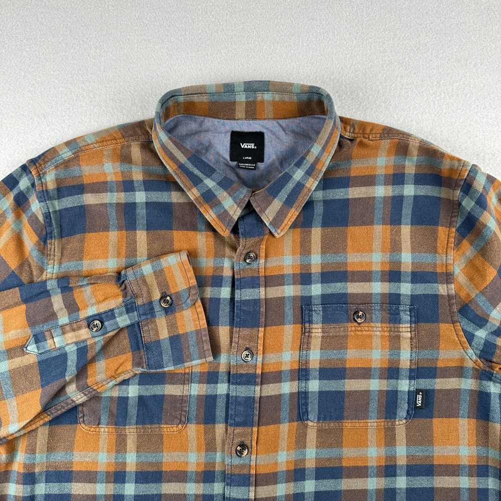 Vans Plaid Flannel Shirt Mens L Orange Blue Tailored Fit Long Sleeve Button Up